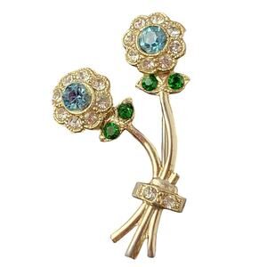 Vintage Floral Brooch Pin Blue Green Rhinestone Gold Tone 1.4" With Gift Box